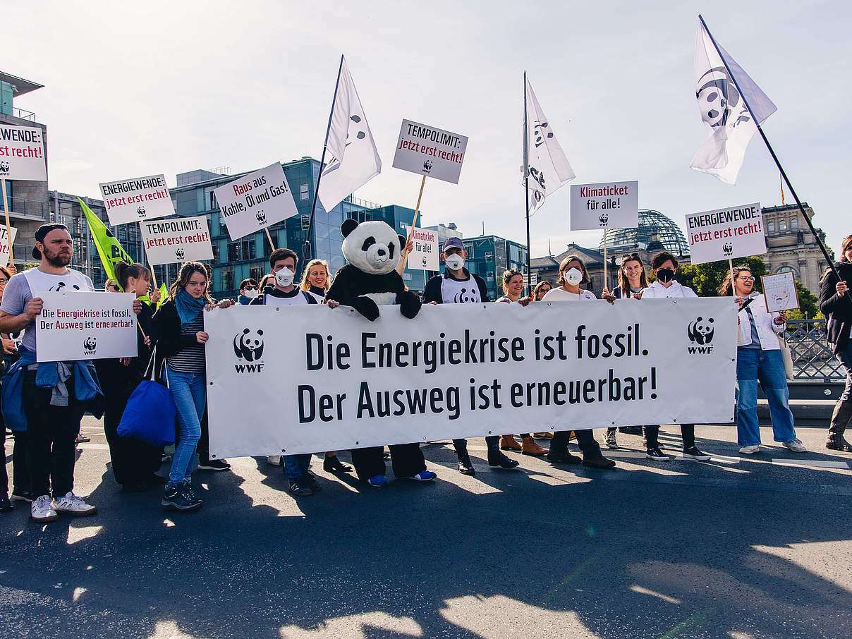 Klimastreik 2022: WWF mit Banner, Schildern & Panda © Markus Winkler / WWF